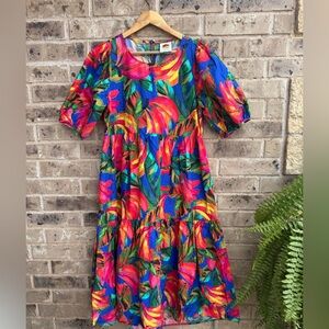 Farm Rio Bananamix Tiered Cotton Midi Dress Size M